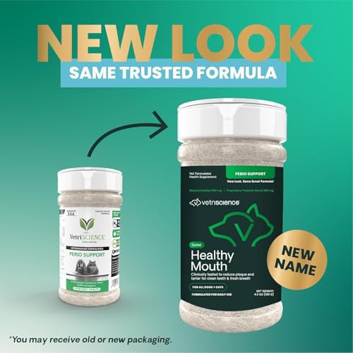 VETRISCIENCE HEALTHY MOUTH DOG DENTAL POWDER, PERIO SUPPORT CLINICALLY TESTED DENTAL POWDER FOR DOGS AND CATS, FRESHEN BREATH, CONTROL PLAQUE & TARTAR, ORAL HEALTH, 4.2 OZ