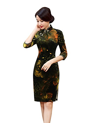 ACVIP Women Flower Printed Short Chinese Dress Winter Cheongsam