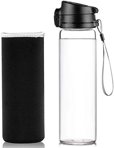 Reeho® 510ml BPA-Free Borosilicate Glass Water Bottle With Protective Neoprene Sleeve and Strap, Sport Bottles for Hiking, Gym, Running [One Click Open]