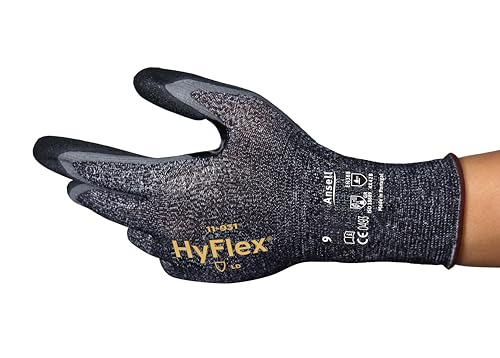 Ansell Hyflex 11-931 Guantes de Trabajo de Seguridad, Protección Mecánica, Talla 9 (L), Negro (12 Pares)