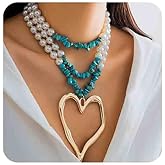 Chargances Boho Large Love Heart Pendant Necklace Layered Pearl and Turquoise Chain Choker Fashion Jewelry for Women