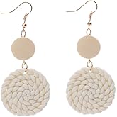 Geometric Polymer Clay Rattan Flower Dangle Earring,Boho Handmade Woven Round Circle Square Drop Earrings Jewelry for Women