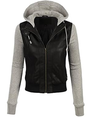 Womens Faux Leather Zip Up Moto Biker Jacket With Hoodie