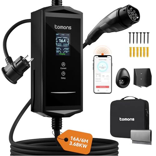 tomons App Electric Car Charging Cable, 3.68 kW 6M, Portable Electric Car Charger Type 2 Schuko, Single Phase 16 A, 2.4 Inch LCD IP65, Adjustable Time and Current for Model 3/Y, 500e, e-208, Other EV