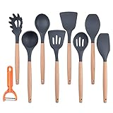 Kitchen Utensils,WiK Suang Silicone Kitchen Utensil Set 8-Piece Cooking Utensils Set with Bamboo Wood Handles for Nonstick Cookware, Utensils Holder Included