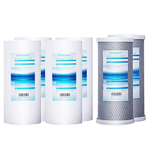 Geekpure 10" Big Blue PP Sediment and Carbon Block Replacement Filters for Whole House Water Filtration System -4.5 Inch x 10 Inch 5 Micron -Pack of 6