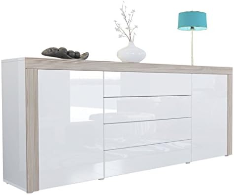 Vladon Sideboard Chest Drawers La Paz, Carcass in White High Gloss/Front in White High Gloss a frame in Avola-Champagne
