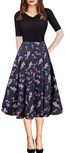 Women Vintage Casual Swing 3/4 Sleeve Patchwork Floral Midi Dress with Pockets for Work