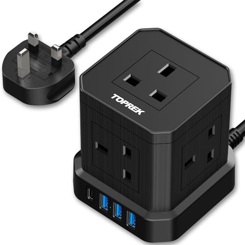 TOPREK Cube Extension Lead with USB Slots, 5 Way Power Strip with 5 AC Outlet 4 USB (20W PD3.0 Fast Charger) 1 Switch, 2M Extension Cord, 3250W/13A, UK Power Strip for Desk Home Office Travel