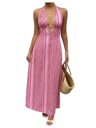 Milumia Women's Striped Deep V Neck Halter Dress Sexy Tie Backless Sleeveless Long Flowy Dresses Pink Medium at Amazon