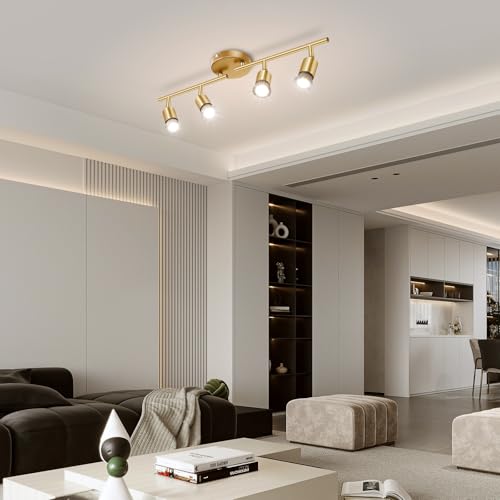 JSXing Kit de iluminación de riel, iluminación puntual de techo de 4 vías negra, cabezal de luz giratorio flexible, luz de riel (bombilla no incluida) (Dorado, 4 luz)