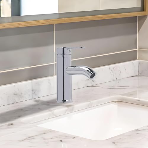 FALSKT Stainless Steel Basin Tap, Curved Spout Bathroom Tap, Single Lever Basin Mixer Tap with Stick Shaped Handles, for Bathrooms, Kitchens, Toilets, Silver