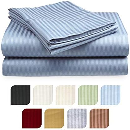 Crystal Trading 4-Piece Bed Sheet Set - Dobby Stripe - 100% Cotton Sateen - 300 Thread Count (Queen, Light Blue)