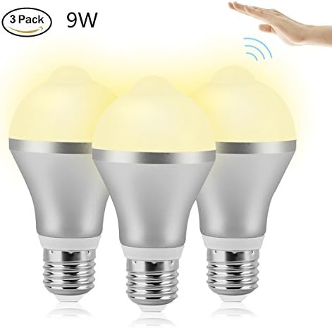 9W Motion Sensor Light Bulb, E26/E27 Smart Motion Detector LED Bulb Warm White (3000k) Indoor Outdoor Dusk to Dawn Light Bulbs for Front Door Garage Basement Corridor Hallway Stairs Attic (3 Pack)