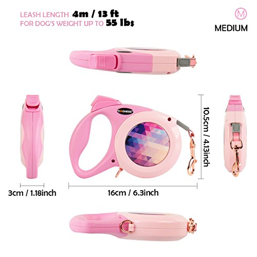 DOGNESS Retractable Dog Leash, The Elegance Series, One Button Brake & Lock Anti-Slip Handle, Strong Nylon Ribbon Tape, 13 ft Long Small Medium Dogs, Pink