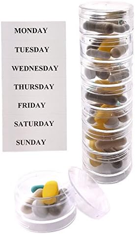 Stackable 7 Day Clear Pill Organizer with 2 Lids and a Set of Labels (Small with Extra Container)