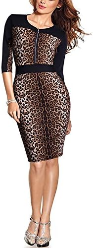 OpenBeauty Women's Optical Illusion Half Sleeve Business Party Midi Pencil Dress (XL, Leopard)