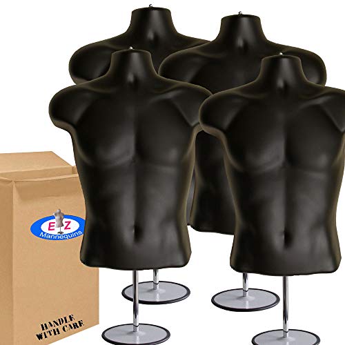4-Pack Male Mannequin Torso, Dress Form Hollow Back Body Tshirt Display, w/Stand for Counter by EZ-Mannequins for Craft Shows, Photos or Design, Easy to Assemble and Store, S-M Clothing Sizes, Black.