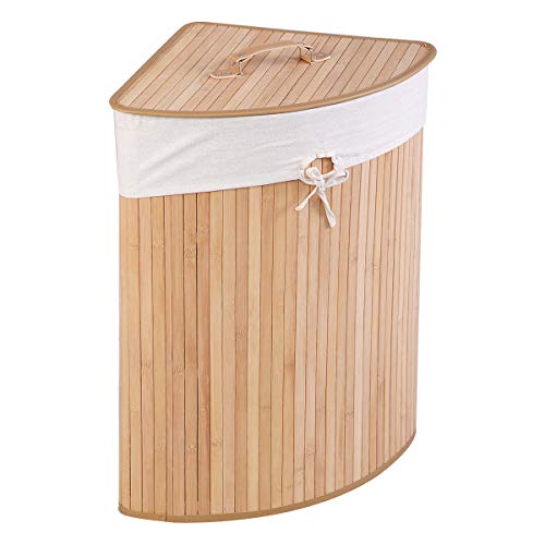 GOFLAME Corner Bamboo Laundry Hamper with Lid and Removable Liner