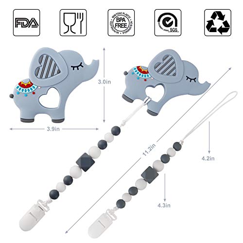 Slotic Baby Teething Toys, Elephant Teether Pain Relief Toy with Pacifier Clip Holder Set for Newborn Babies, Freezer Safe Neutral Shower Gift, Soft & Textured Stocking Stuffers for Boy and Girl Grey