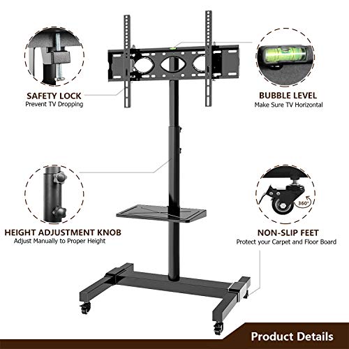 Mobile TV Stand Rolling TV Cart Floor Stand on Lockable Wheels with Tilt Mount and Adjustable Shelf for 32-70 Inch Flat Screen or Curved TVs, Monitors Display Trolley Stand