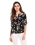 Zeagoo Women's Casual Solid Chiffon Floral Blouses V Neck Cuffed Sleeve Shirts Button Up Top