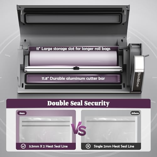 Mesliese Vacuum Sealer Machine, 95kPa 140W Double Seal Powerful Food Sealer, One Hand Operation Food Storage with Build-in Cutter & Roll Storage (Gray)