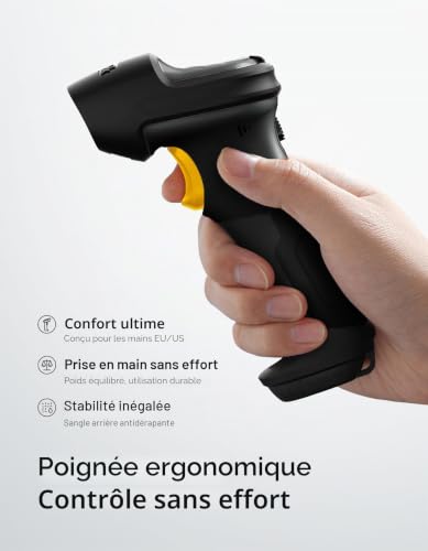 Inateck 2D 1D QR Wireless Barcode Reader, Barcode Shower with Bluetooth and USB Wired, 2600mAh Bobbin, 1 Charge 3 Months, with APP/SDK/AI, BCST-72, Black