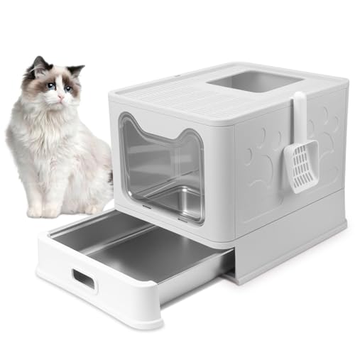 Arenero para Gato de Acero Inoxidable con Cajón Apto, Arenero para Gato Cerrada, con Pala para de Gatos, 51 * 41 * 38cm, para Gatos Grandes (Gris)