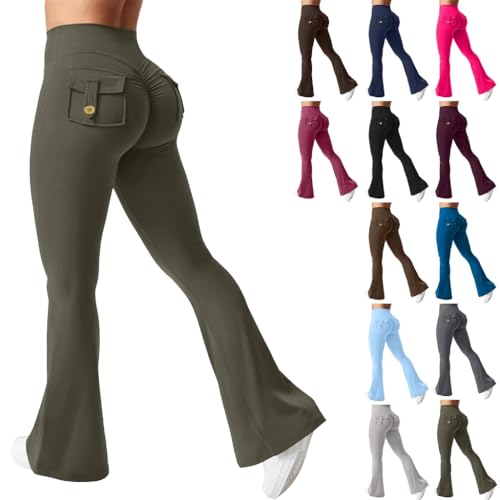 Army Green Cargo Flare Leggings for Women with Pockets High Waist Scrunch Butt Leggings No Front Seam Bootcut Yoga Pants Gym Sweats Women Pantalones Colombianos para Mujer