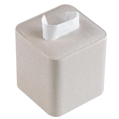 TERRIFI Tissue Box Cover Square, PU Leather Facial Tissue Box Holder - Magnetic Bottom, Rounded Edges, for Dresser Bathroom Decor and Home Decor(Beige)