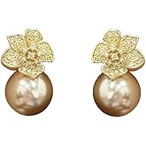 Rhinestone Flower Shell Pearl Stud Earrings for Women Girls 925 Sterling Silver Post Pin Crystal Blossom Camellia Studs Hypoallergenic Elegant Birthday Valentine Wedding Jewelry Gifts