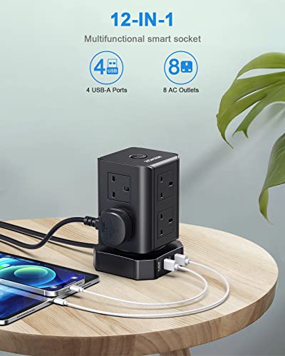 Tower Extension Lead with USB Slots, 10FT Extension Cords, Surge Protected Extension Lead with 8 AC Outlets & 4 USB Ports, USB Extension lead for Home, Office, Kitchen, Black, 3250W 13A