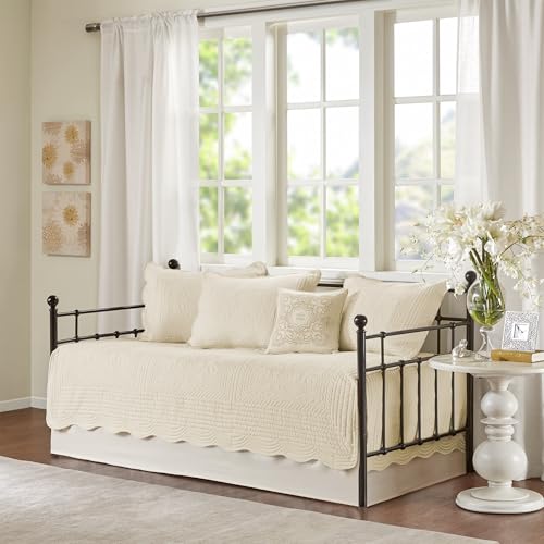 Madison Park Daybed Cover Set-Trendy Damask Quilting with Scalloped Edges All Season Luxury Bedding with Bedskirt, Matching Shams, Decorative Pillow, 75x39, Tuscany Cream, 6 Piece