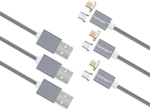 hyranger 3Packs[5th gen]Super Magnetic Charger Type-C and Micro USB connectors 2in1 Reversible Charging Cable 3Ft/1m Nylon braided Data Sync Cord USB-C+Micro USB Interface For Android(gray)