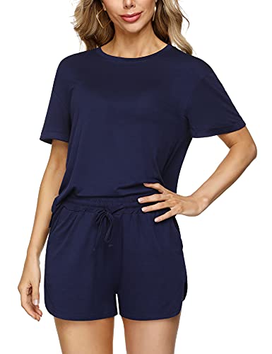 Abollria 2 Piece Outfits for Women Clothing Casual Biker Shorts Summer Vacation Home Jogger Workout Sets Navy