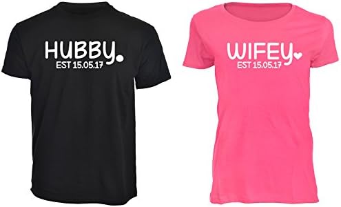Supergoodies Hubby Wifey Est. Date Mr Mrs T Shirts Pink and Black Husband Wife Relationship Personal Gift