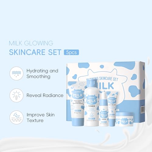 LAIKOU Milk Beauty Gift Sets for Teenage Girls with Cleanser, Cream, Toner, Eye Cream, Serum, Facial Kits for Women Wife Mom, Deep Hydrating Smoothing 5pcs