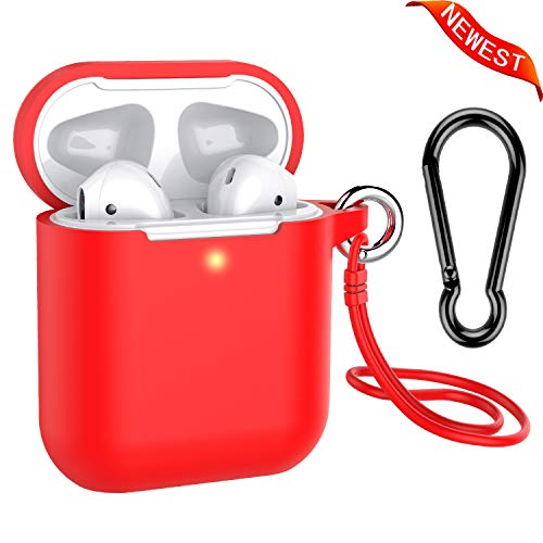 Airpods Case, Music tracker Protective Thicken Airpods Cover Soft Silicone Chargeable Headphone Case with Anti-Lost Carabiner for Apple Airpods 1&2 Charging Case (Airpods 2, Red)