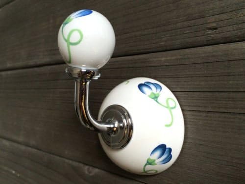 Coat and Hat Single Hook Wall Hooks Decorative Hooks Coat Hanger Hangers Bathroom Hook Ceramic White Blue Flower 3.1" (80 mm)