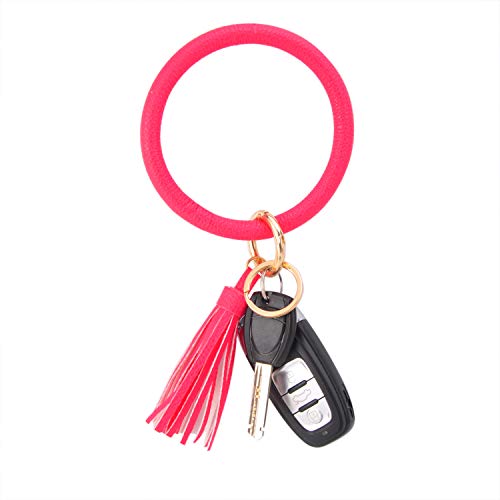 Coolcos Wristlet Keychain Bracelet Bangle Keyring - Large Circle Key Ring Leather Tassel Bracelet Holder For Women Girl (Rose Red)