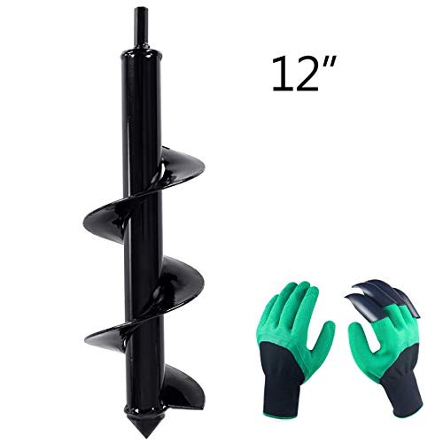 Auger Drill Bit, Garden Plant Bulb Auger 3" x 12", Rapid Planter with Garden Genie Gloves, Non-Slip Auger Post Hole Digger, Post or Umbrella Hole Digger