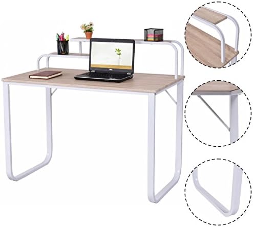Writing Study Desk Wood Computer Desk W/2-Tier Shelves Home Office Furniture Laptop New