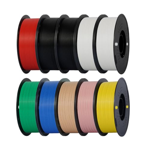 Kingroon 10KG PLA Filament 1.75 mm, Bündel 3D Drucker Filament, Präzision ±0,02mm, 10 Rollen PLA Filament, 2*Schwarz 2*Weiß Gelb Blau Grün Rot Hautfarben Rosa