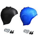 Swim Cap, Hurdilen Premium Silicone Swimming Cap with Earplugs & Nose Clips - Special Shape for Effective Ear Protection - for Adult Women Men Youth Kids - Long Hair Compatible 100% (2 Pack)