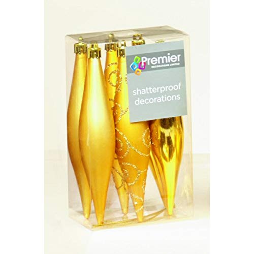 Premier Pack of 6 Gold Shatterproof Tear drop Decorations - 13cm