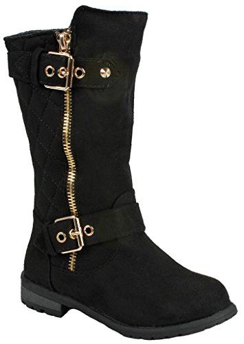 Kids Girls Mango23 Black Faux Suede Dual Buckle Zipper Quilted Mid Calf Motorcycle Boots-4