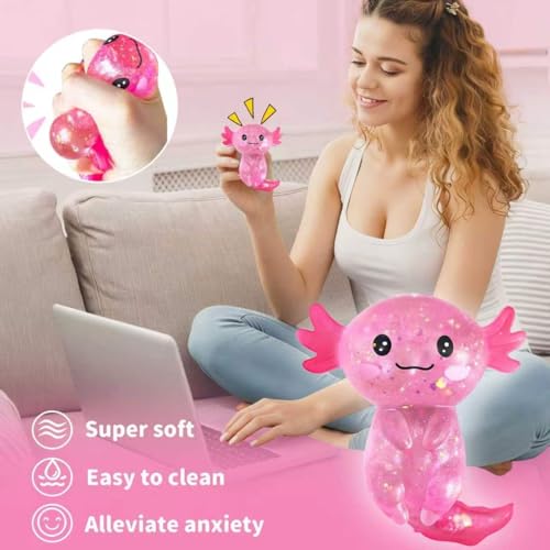 Last page® Axolotl Squishy Stress Relief Toy – Glitter Fidget Toy Cute Salamander Squeeze Toy for Kids & Adults, Party Favor Desk Fidget