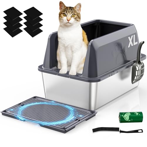ROWIDE Arenero para Gato de Acero Inoxidable XL, Bordes Altos Antifugas con 5 Accesorios: Pala, Alfombrilla, Pegatinas, Cepillo y Bolsas. FáCil de Limpiar, No Se Pega, Apto para Gatos Grandes