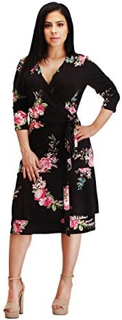 VERLINA Women's Hawaiian Black Floral Print V-Neck Dress w/Slim Waist Belt